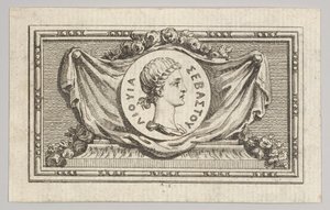 Medalha com Portrait of Livy no 5º livro, de Tibère ou les six premiers ..., publicada em 1768. de Augustin de Saint Aubin