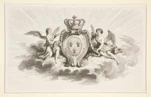 Royal Crest com Fleurs de Lis Flanked by Angels, reprodução do século XIX de Augustin de Saint Aubin
