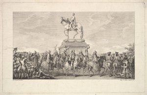 A inauguração da estátua de Luís XV, vinheta na página 1, da Description des Trava ..., 1766. de Augustin de Saint Aubin