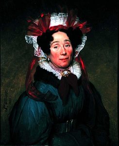 Retrato de uma senhora com uma touca vermelha e branca de Augustine Cochet St. Omer
