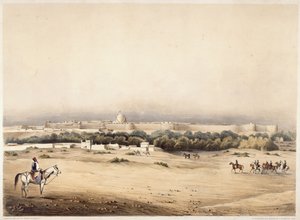 Sir Charles Napier em primeiro plano seguido por sua escolta de cavalo Scinde, Hyderabad, c.1850 (lito colorido) de Augustine Fitzgerald