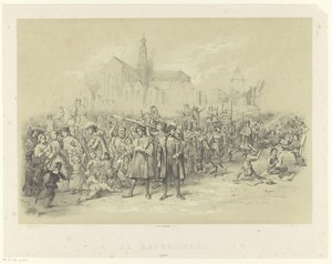 Os pedestres distribuem panfletos
The Rederijkers 1500 (título sobre o objecto) de Augustinus Jacobus Bernardus Wouters