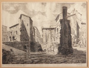 Roma, Porticus de Octaviae, e as Ruínas do Teatro de Marcelo (gravura em papel)