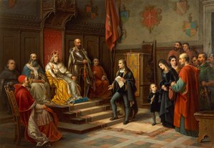 Frederick III, sendo pressionado a marchar contra os turcos pelo poeta Trieste Raffaele Zovenzoni, por Augusto Tominz (1818-1883) de Augusto Tominz