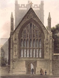 Exterior do Merton College, de frente para a janela norte da capela Ante, ilustração da 