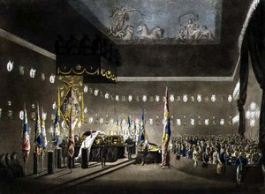Restos de Lord Viscount Nelson deitado na Câmara de Pinturas do Hospital Greenwich, gravados por J. Merigot, pub. 1806 (gravura a cores) de Augustus Charles (after) Pugin