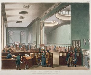 Vista interior da Sala de Assinatura do Lloyds no Royal Exchange, Cidade de Londres, 1809