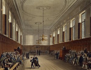 Sala da escola de Eton, de "História da faculdade de Eton", parte da "história das faculdades", gravada pelo bar de Joseph Constantine Stadler (fl.1780-1812). por R. Ackermann, 1816 (aquatinta)