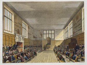 Sala da escola da grade da "história da escola da grade", parte da "história das faculdades", gravada pelo pub de Daniel Havell (1785-1826). por R. Ackermann, 1816 (aquatinta)