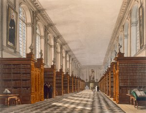 Interior da biblioteca da faculdade do Trinity, Cambridge, da história de Cambridge, gravado por Daniel Havell (1785-1826), bar. por R. Ackermann, 1815 (cor aquatint)