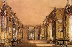 Interior da Sala de Desenho Amarela no Brighton Pavilion, c.1820 (aguarela e guache sobre papel) de Augustus Charles Pugin