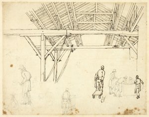 Estudo rejeitado, possivelmente para ilustração da Custom House, da Microcosm of London (reto); Esboços de Trabalhadores com Barris (verso) de Augustus Charles Pugin