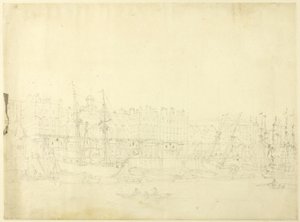 Estudo para a Custom House, a partir do rio Tamisa, de Microcosmos de Londres de Augustus Charles Pugin