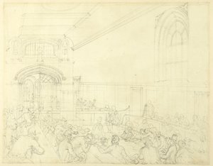 Estudo para Guild Hall, exame de um falido antes de seus credores, da Microcosm of London de Augustus Charles Pugin