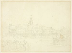 Estudo para Mounting Guard, St James Park, do Microcosm of London de Augustus Charles Pugin