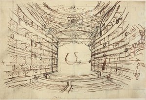 Estudo para Opera House, da Microcosm of London de Augustus Charles Pugin