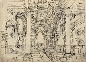 Estudo para Walbrook Church (reto); Esboços de veleiros, homens e botes (verso) de Augustus Charles Pugin