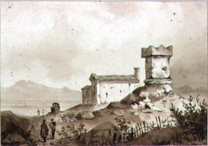 Paisagem italiana com sarcófago romano antigo (desenho)
