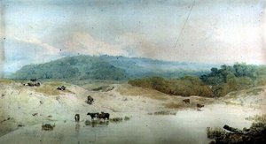 Vista em Yorkshire, rio e gado, (desenho)