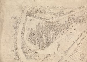 Esboço de uma igreja e mosteiro gótico de Augustus Welby Northmore Pugin