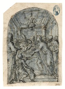 A Apresentação no Templo (giz com caneta e tinta, lavagem e aguçamento branco sobre papel) de Aurelio (attr. to) Luini