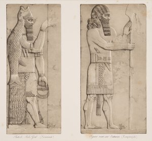 Deus dos peixes (Nimroud) e figura perto de uma entrada (Kouyunjik), dos monumentos de Nineveh, bar. 1849