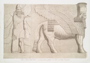 Touro de cabeça humana e figura alada de um portal na muralha ao redor de Kouyunjik [Quyunjik], 1853