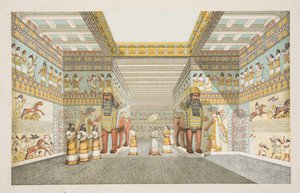 Reconstrução do Salão de um palácio assírio, de Monumentos de Nínive, pub. 1849 (gravura colorida à mão)