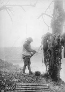 Um motorista de artilharia australiano não identificado limpando a lama de suas equipes aproveita em um boleto perto de Mametz, dezembro de 1916 de Australian Photographer