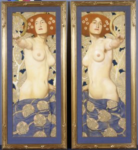 Um par de pastéis no papel, representando figuras femininas semi-nuas, c.1900