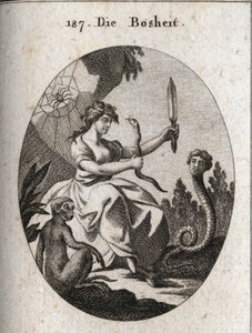 Alegoria do mecâncico. Ela parece feliz com um áspico e uma adaga. Seus atributos são a cobra com um rosto humano que deseja a fraude, o macaco que é o emblema da malícia, e o araignee que alude a armadilhas. Gravura em "Iconologie oder Idee de Austrian School