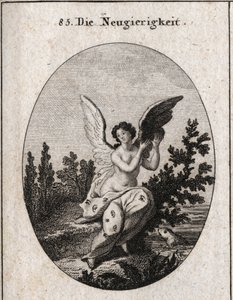 Alegoria de curiosidade representada com um drapeado pontilhado de orelhas e olhos As asas elevadas Gravura em "Iconologie oder Ideen aus dem Gebiet der Leidenschaften und Allegorien bildich dargestellt fur Zeichner, Mahler, Dichter, Gelehrte, Erzieher und de Austrian School