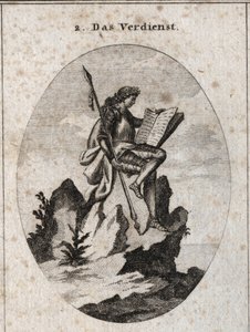 Allegorie du merite representa no topo de uma rocha íngreme com armas e um livro que a simboliza como resultado dos seus trabalhos e estudos. Gravura em "Iconologie oder Ideen aus dem Gebiete der Leidenschaften und Allegorien bildestellt dargestellt fur Ze de Austrian School