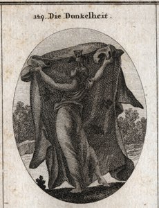 Alegoria das Trevas. Ela estende um véu escuro com o qual impede a penetração da luz. Os seus atributos são a coruja e outras aves nocturnas. Gravura em "Iconologie oder Ideen aus dem Gebiete der Leidenschaften und Allegorien bildestellt dargestellt fur de Austrian School