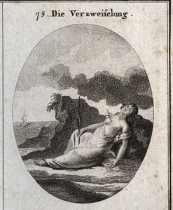 Alegoria do Desespero retrata uma adaga no peito e um ramo de cipó na mão (árvore que uma vez enfeitou os túmulos). A brisa compasso é o emblema da desordem do pensamento. Gravura em "Iconologie oder Ideen aus dem Gebiete der Leidenschaft de Austrian School