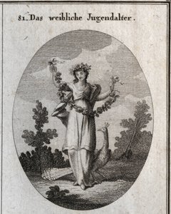 Alegoria da adolescência (adolescente) representada por uma jovem mulher com uma coroa e uma guirlanda de flores para denotar feliz fellicite. O pavão compreende o amor do adorno. O seu pé é colocado sobre um relógio de areia (ampulheta). Gravura em "Icono de Austrian School
