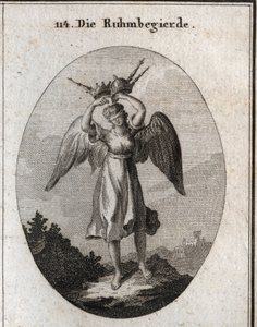 Alegoria de ambição. Suas asas marcam sua inclinação para subir e sua temeridade é projetada por vários tipos de coroas e cetros. A venda sublinha a sua falta de discernimento e a sua cegueira sobre tudo o que ela pensa merecer. Gravura em "Ico de Austrian School