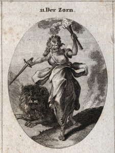 Alegoria da raiva representada numa atitude inquieta, uma venda, uma espada e uma tocha nas mãos. Está vestida com pele de urso e o leão por trás é a furiosite. Gravura em "Iconologie oder Ideen aus dem Gebiete der Leidenschaften und Allegorien". de Austrian School