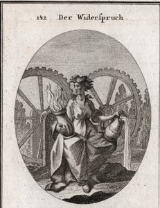 Alegoria de aborrecimento. O fato dele está dividido ao meio. Ela segura um recipiente de água e um recipiente de fogo. As duas rodas com dentes movem-se em direcções opostas. Gravação em "Iconologie oder Ideen aus dem Gebiete der Leidenschaften und Allego de Austrian School