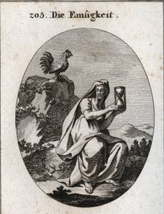 Alegoria de assiduidade. Ela segura um relógio de areia (ampulheta) e senta-se ao pé de uma rocha rodeada por uma planta de hera. O galo é o seu atributo porque a assistência não existe sem vigilância. Gravura em "Iconologie oder Ideen aus dem Gebiete de de Austrian School