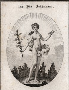 Alegoria da beleza. A compasso é o emblema da precisão das proporções. O lírio é o símbolo da beleza. Gravura em "Iconologie oder Ideen aus dem Gebiete der Leidenschaften und Allegorien bildestellt dargestellt fur Zeichner, Mahler, Dichter, Gelehr de Austrian School