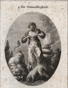 Alegoria da enfermagem benigna ao mesmo tempo um cordeiro e um leão simbolizando igual o mais fraco e o mais forte. O fogo sobre o altar denota sentimentos religiosos. Gravura em "Iconologie oder Ideen aus dem Gebiete der Leidenschaften und Allegorien bild de Austrian School