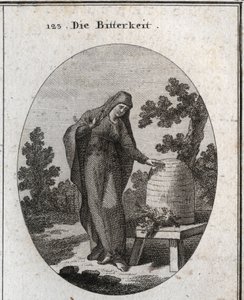 Alegoria de amargura. Ela olha com tristeza para uma planta absinto que germinou numa colmeia de mel. Gravação em "Iconologie oder Ideen aus dem Gebiet der Leidenschaften und Allegorien bildestellt fur Zeichner, Mahler, Dichter, Gelehrte, Erzieher und f de Austrian School