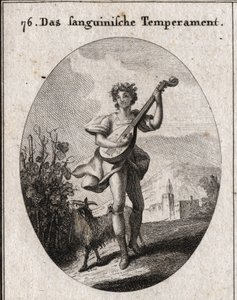 Alegoria da tez de sangue. O bode que come uvas mostra que o sangue é levado aos prazeres do amor e do bacalhau. Gravura em "Iconologie oder Ideen aus dem Gebiete der Leidenschaften und Allegorien bildestellt dargestellt fur Zeichner, Mahler, Dicht de Austrian School