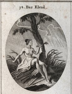Alegoria de calamite. Ela senta-se em brisas cuja fragilidade é a imagem da instabilidade da fortuna e das misérias da vida. Gravura em "Iconologie oder Ideen aus dem Gebiete der Leidenschaften und Allegorien bildestellt dargestellt fur Zeichner, Mahler, de Austrian School