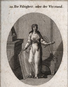 Alegoria de capacidade (ou inteligência). O cameleão e o espelho são os seus atributos. Gravura em "Iconologia ou Idéias do Campo das Paixões e Alegorias ilustradas para desenhistas, pintores, poetas, estudiosos, educadores e amigos de Austrian School
