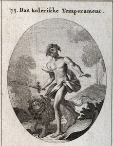 Alegoria da compleição colérica. Ele segura uma espada para atacar e apenas atirou o seu escudo esquecendo-se de se defender. O seu atributo e um leão ameaçador. Gravura em "Iconologie oder Ideen aus dem Gebiete der Leidenschaften und Allegorien bildich da de Austrian School