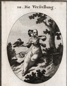 Alegoria de ocultação. Ela cobre o rosto com uma máscara, emblema da falsificação. Seu atributo é um pega, branco e preto, e suas carícias são misturadas com bicos. Gravura em "Iconologie oder Ideen aus dem Gebiete der Leidenschaften und Allegorien". de Austrian School