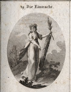 Alegoria de concórdia representada com uma coroa de granadas emblema de união. O ramo de oliveira e um símbolo de paz e a viga de pátios firmemente unidos marca o poder das forças unidas. Gravura em "Iconologie oder Ideen aus dem Gebiete der Leidens de Austrian School