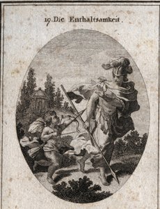 Alegoria da continência, virtude heróica representada como um guerreiro com um capacete e uma lança voltada para a terra. Ela evita combater as paixões (representadas pelo amor) e se defende de seus atrativos para preservar sua casta. Gravura em "Iconologi de Austrian School